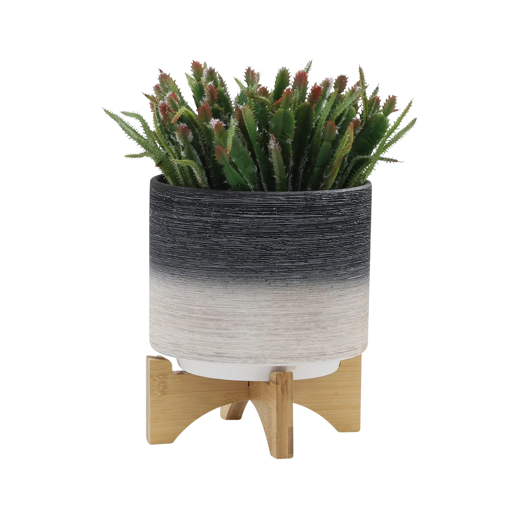 CERAMIC, S/2 8/10" PLANTER ON WOODEN STAND, GRAY