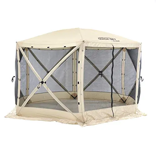 CLAM Quick-Set Escape 11.5 x 11.5 Foot Portable Pop-Up Outdoor Camping Gazebo Screen Tent 6 Sided Canopy Shelter with Ground Stakes & Carry Bag, Tan