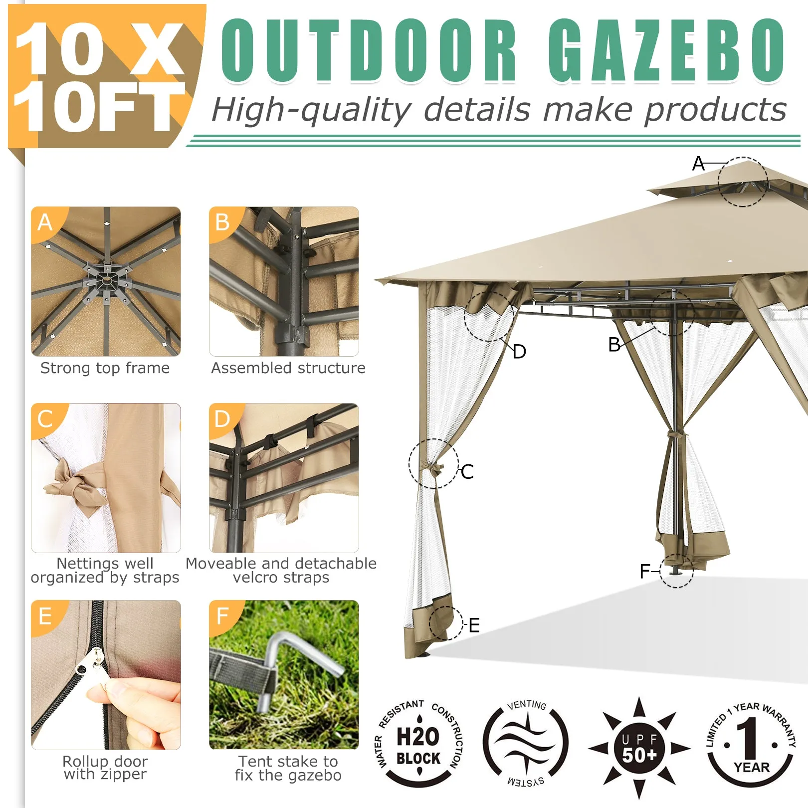 COBIZI Gazebo 10x10 Gazebos for Patios