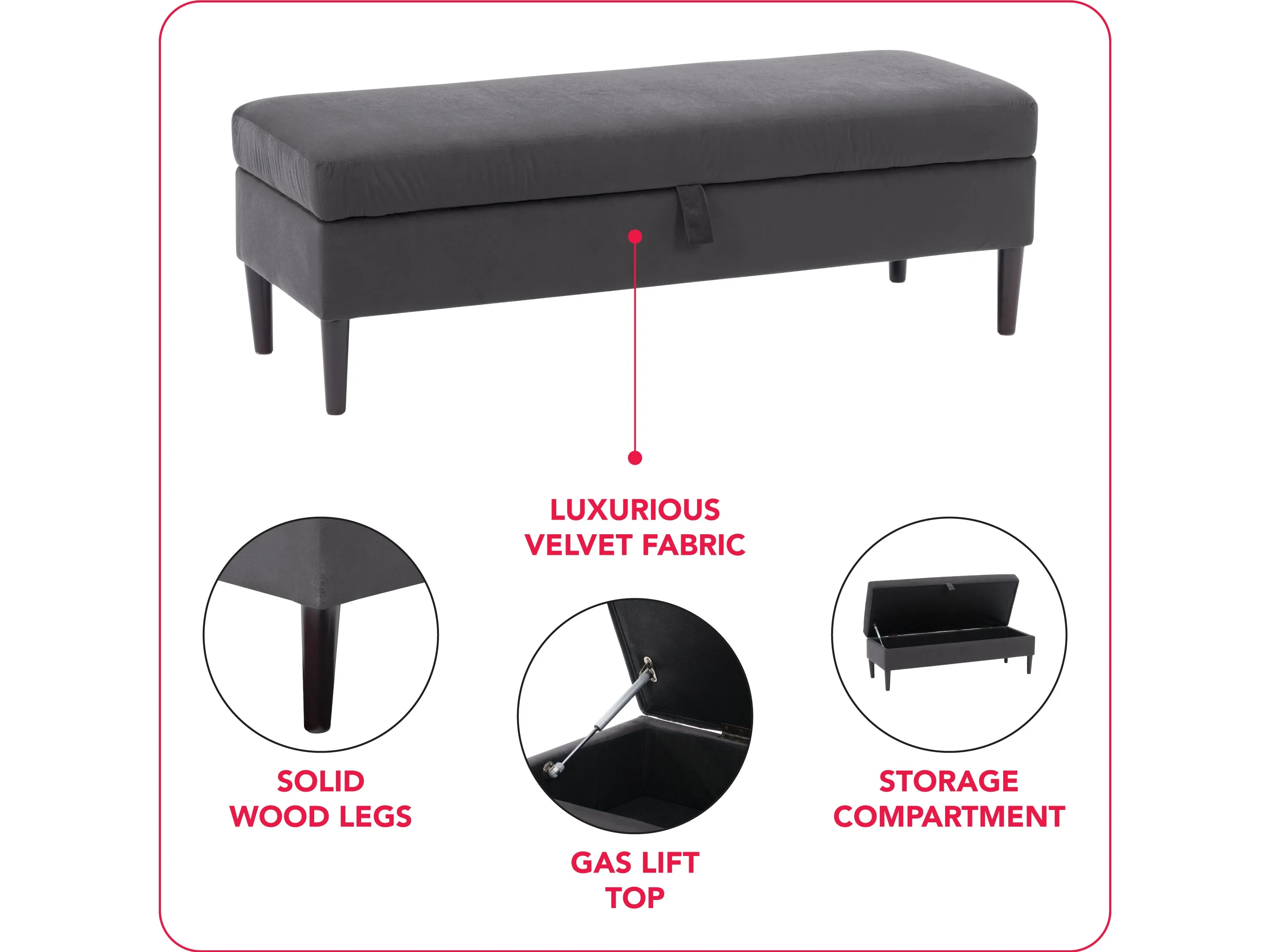 Dark Grey Velvet Storage Ottoman