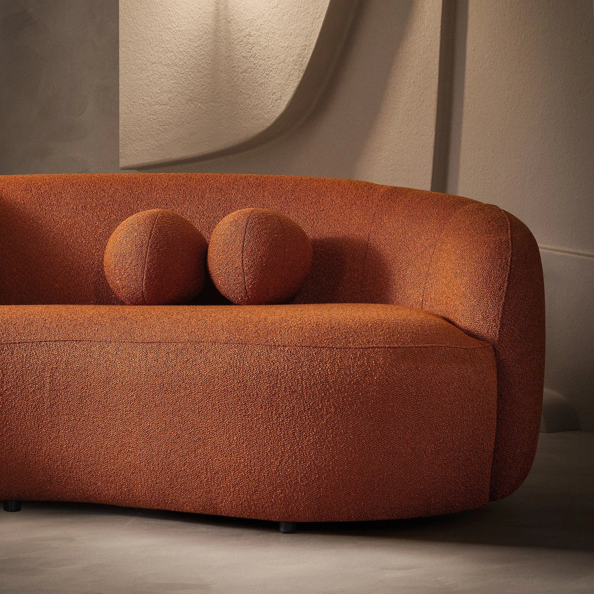 Drake Burnt Orange Japandi Style Curvy Boucle Sofa