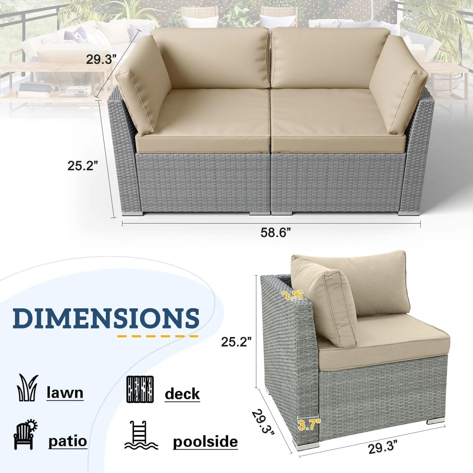 EAGLE PEAK 2 Piece Outdoor Wicker Loveseat, Outdoor Patio Sofa Set with Removable Cushions, Sectional Wicker Loveseat Sofa