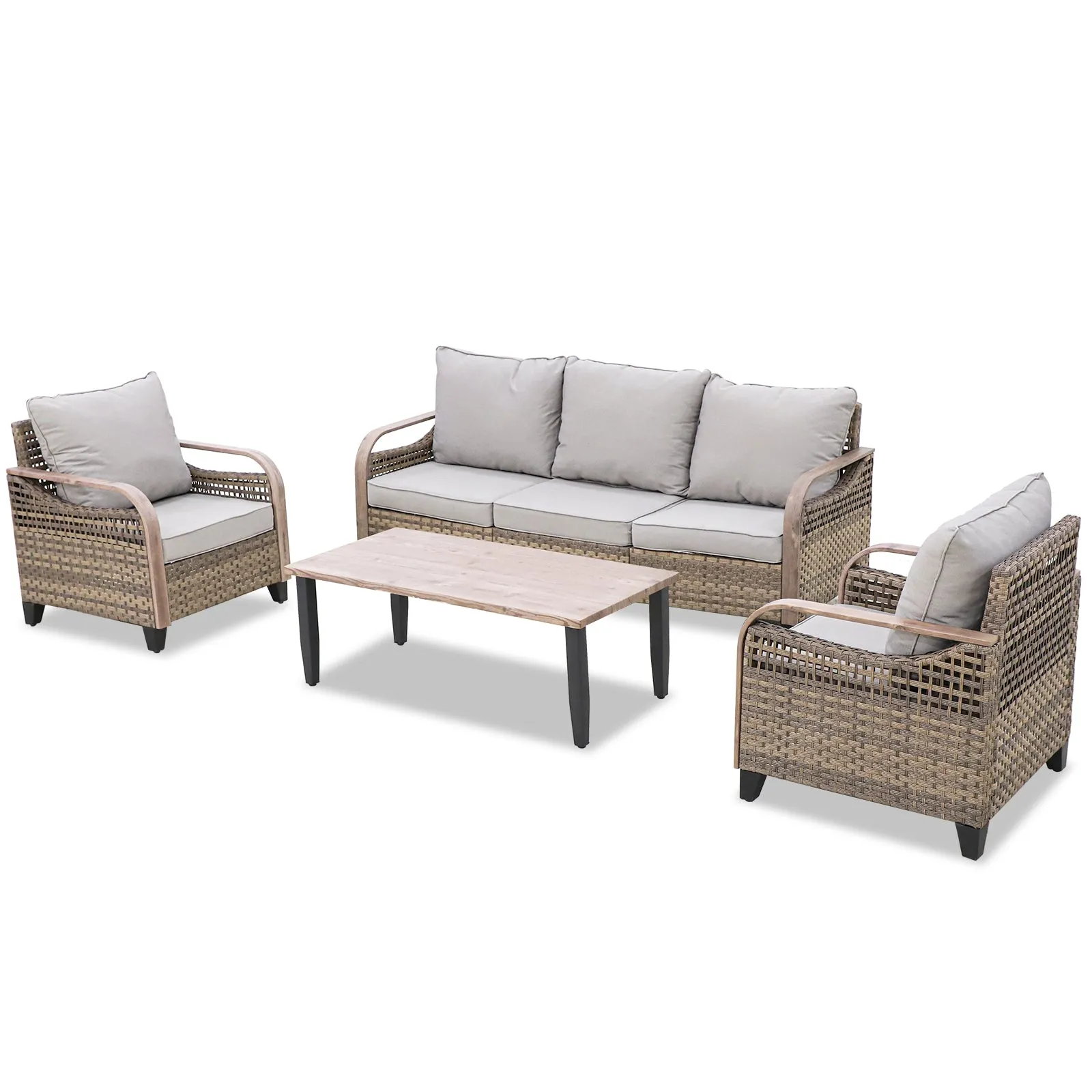 EAGLE PEAK 4 Piece Wicker Outdoor Patio Furniture Set, Patio Set with 2 Patio Chairs, 3 Seat Loveseat Sofa, and Coffee Table, Brown/Gray