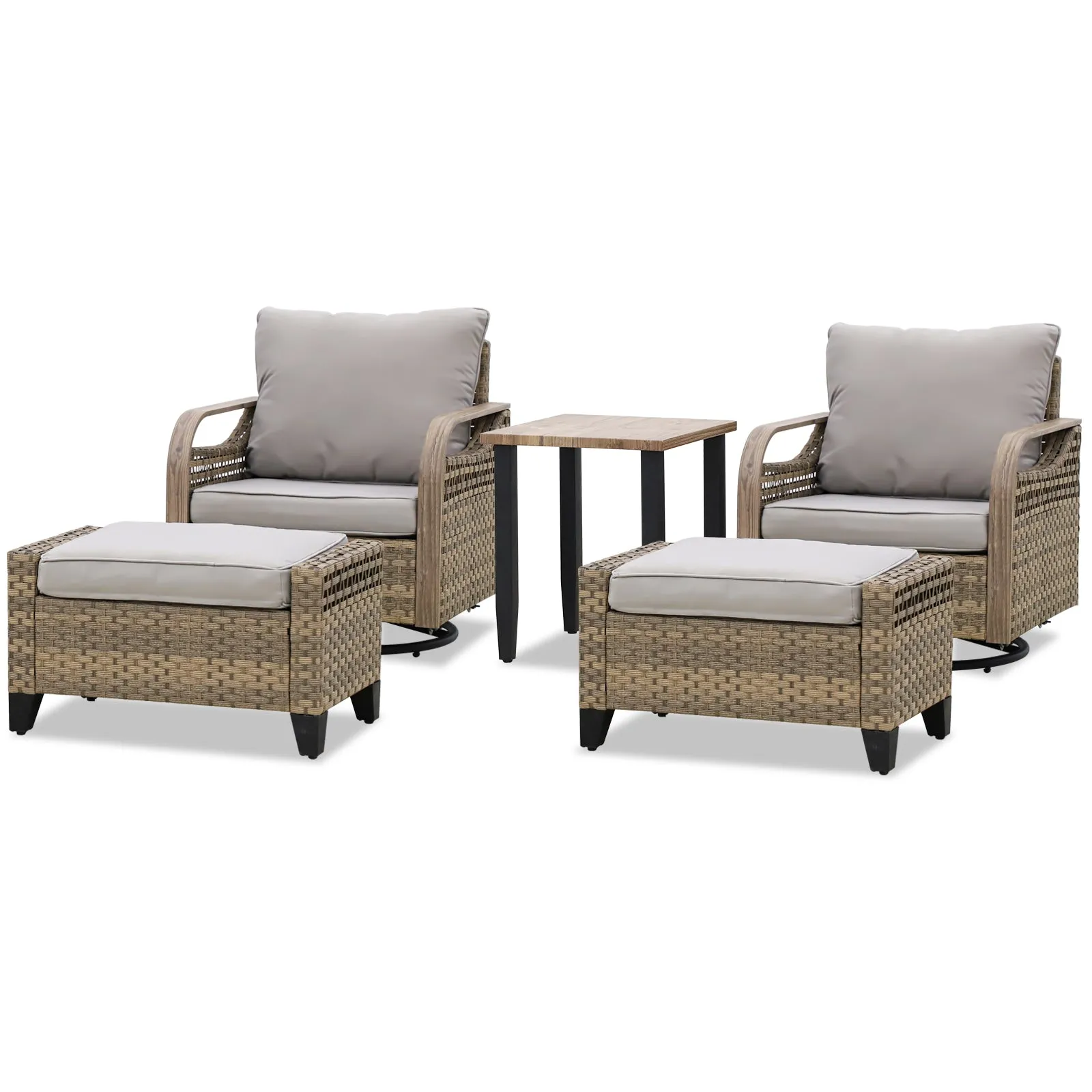 EAGLE PEAK 5 Piece Wicker Outdoor Patio Furniture Set, Patio Set with 2 Swivel Rocking Chairs, Side Table, and 2 Ottomans, Brown/Gray