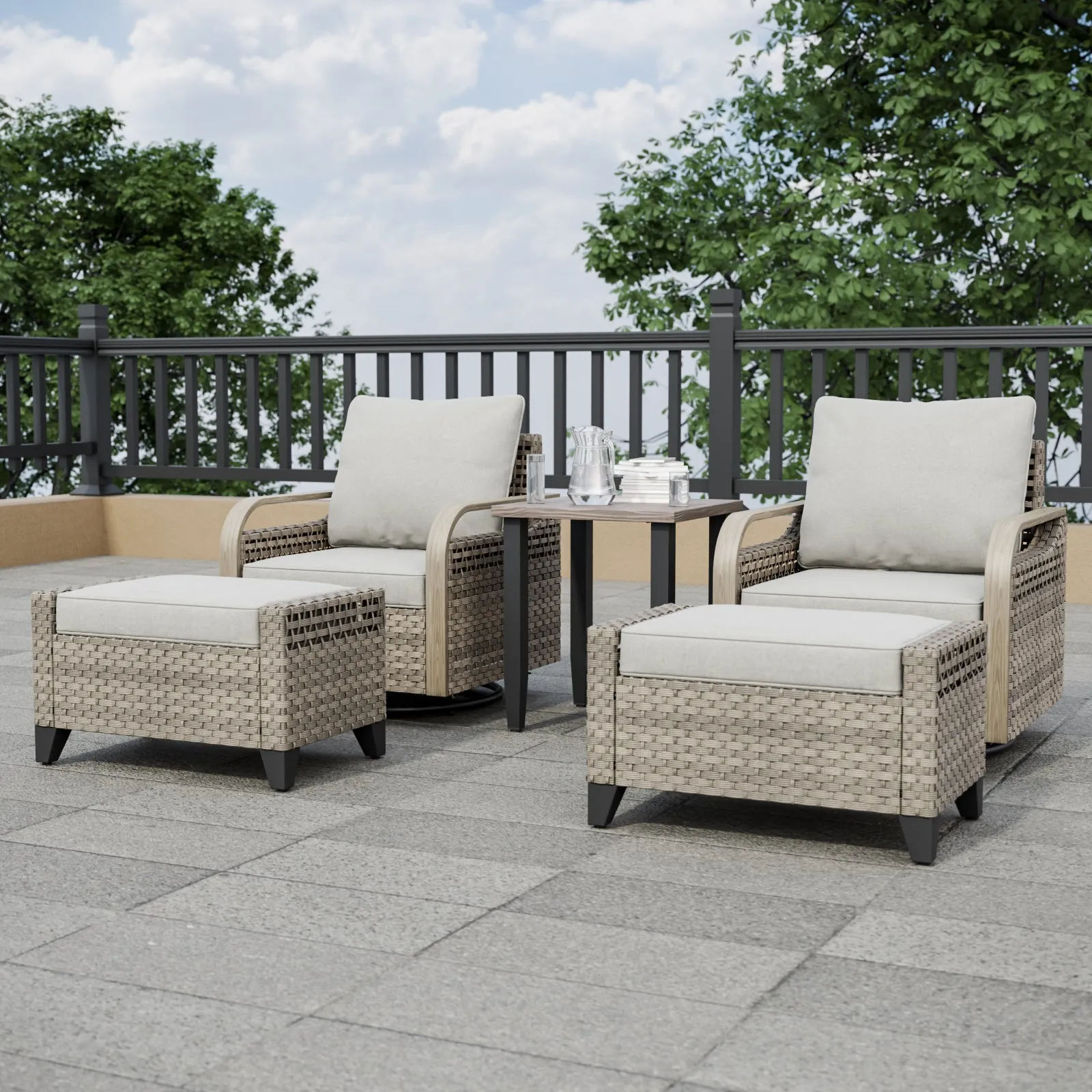 EAGLE PEAK 5 Piece Wicker Outdoor Patio Furniture Set, Patio Set with 2 Swivel Rocking Chairs, Side Table, and 2 Ottomans, Brown/Gray