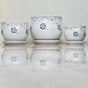 Elegant White Ceramic Pots with Black Floral Patterns (Set Of 3)