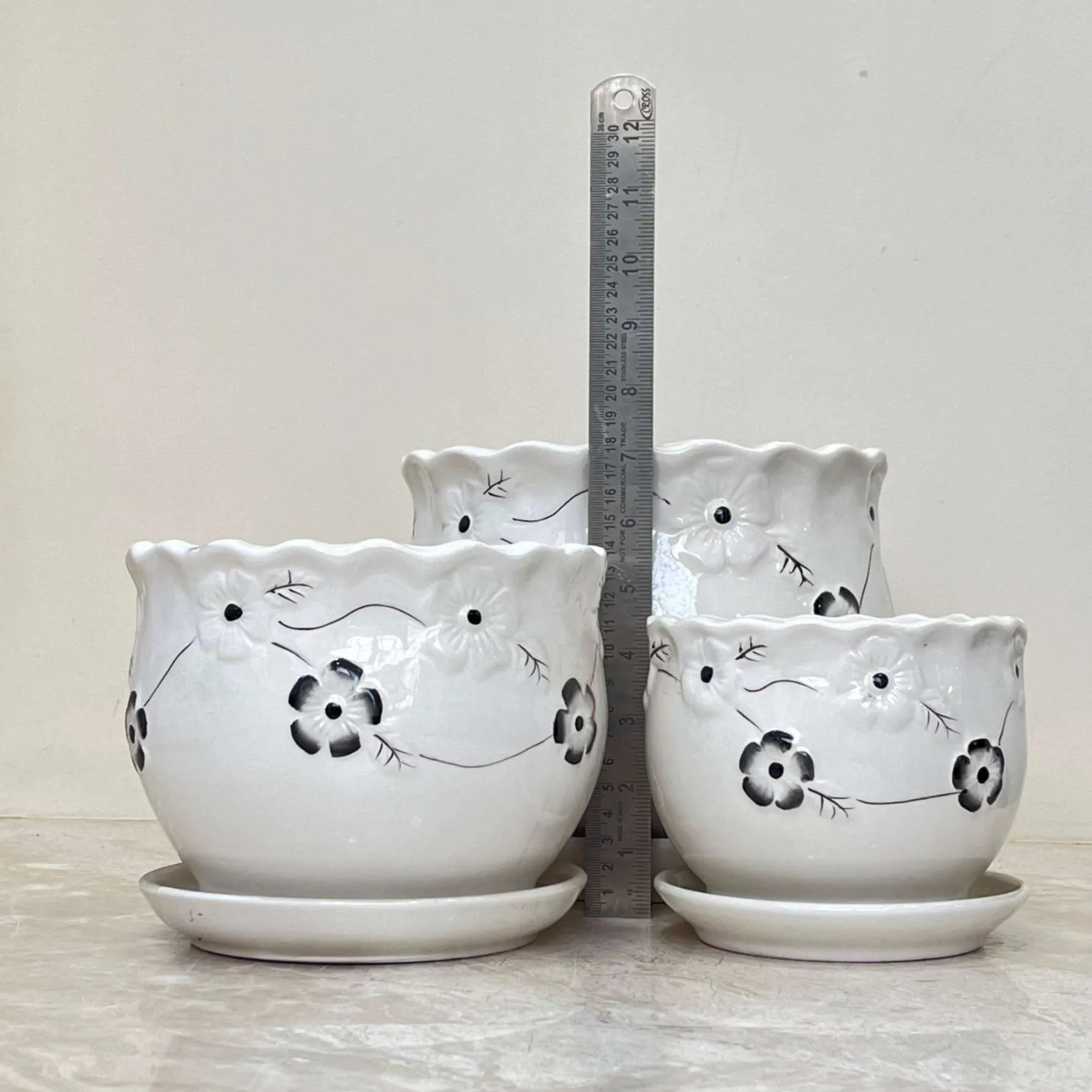 Elegant White Ceramic Pots with Black Floral Patterns (Set Of 3)