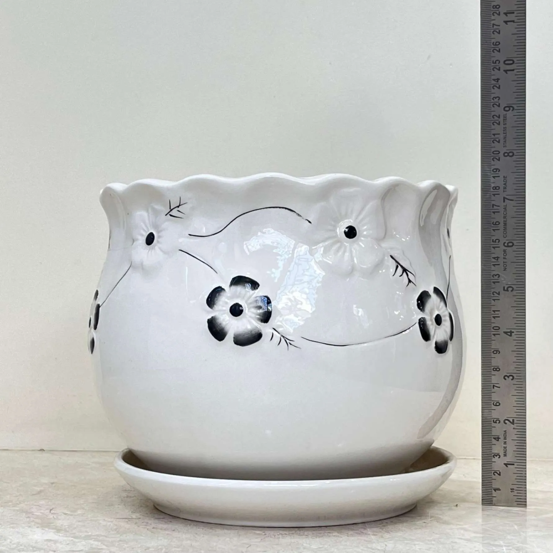 Elegant White Ceramic Pots with Black Floral Patterns (Set Of 3)