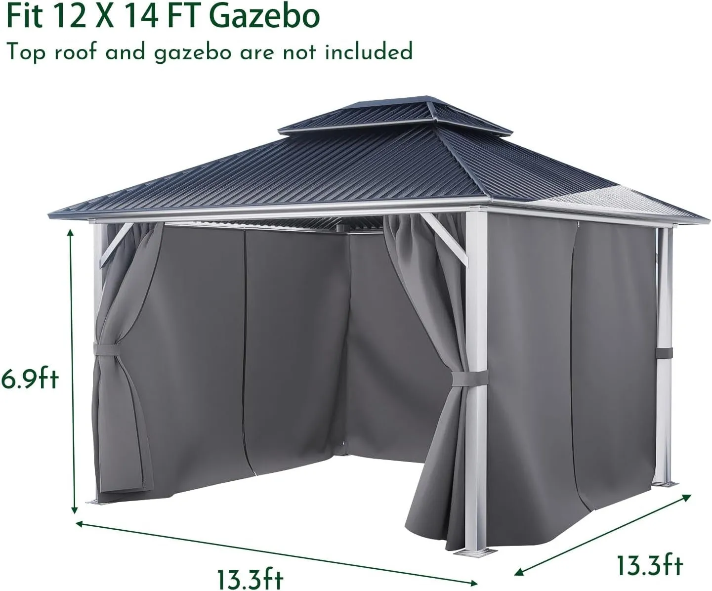 Gazebo Curtain Replacement Universal 4-Panel Sidewalls 12' X 14', Patio Gazebo Privacy Curtains with Double Zipper, Replacement for Patio, Outdoor Canopy, Garden and Backyard (Curtain Only)