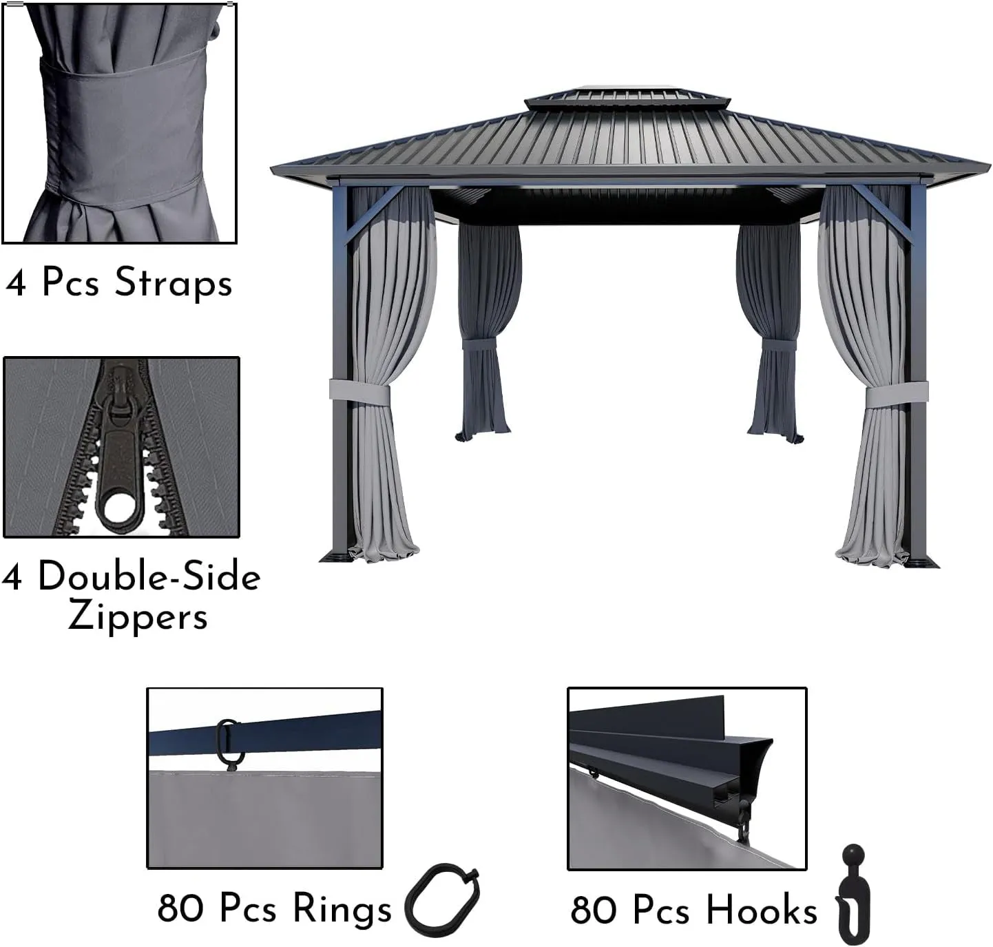 Gazebo Curtain Replacement Universal 4-Panel Sidewalls 12' X 14', Patio Gazebo Privacy Curtains with Double Zipper, Replacement for Patio, Outdoor Canopy, Garden and Backyard (Curtain Only)