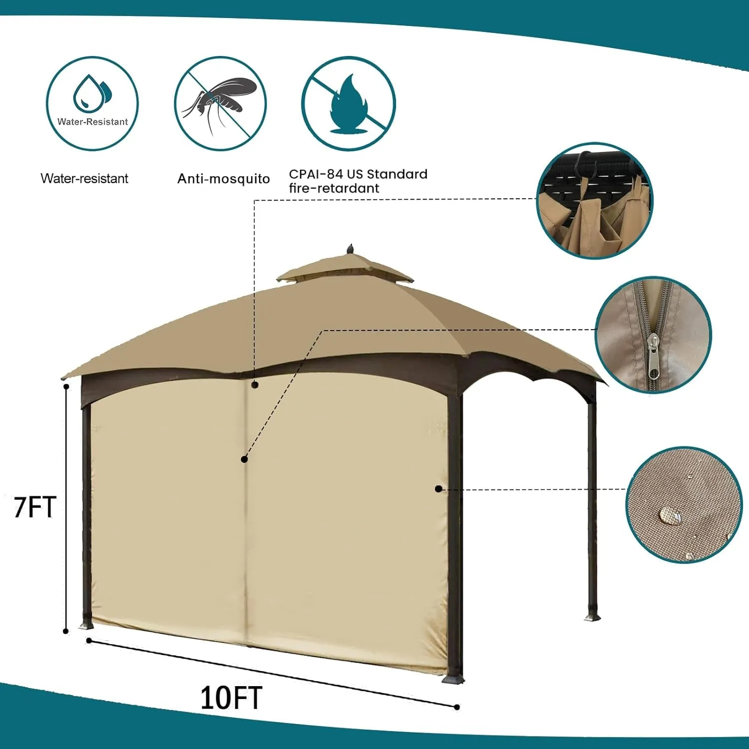 Gazebo Universal Replacement Privacy Curtain -  Privacy Panel Canopy Side Wall with Zipper for 10' X 10' Outdoor Gazebo (Beige)