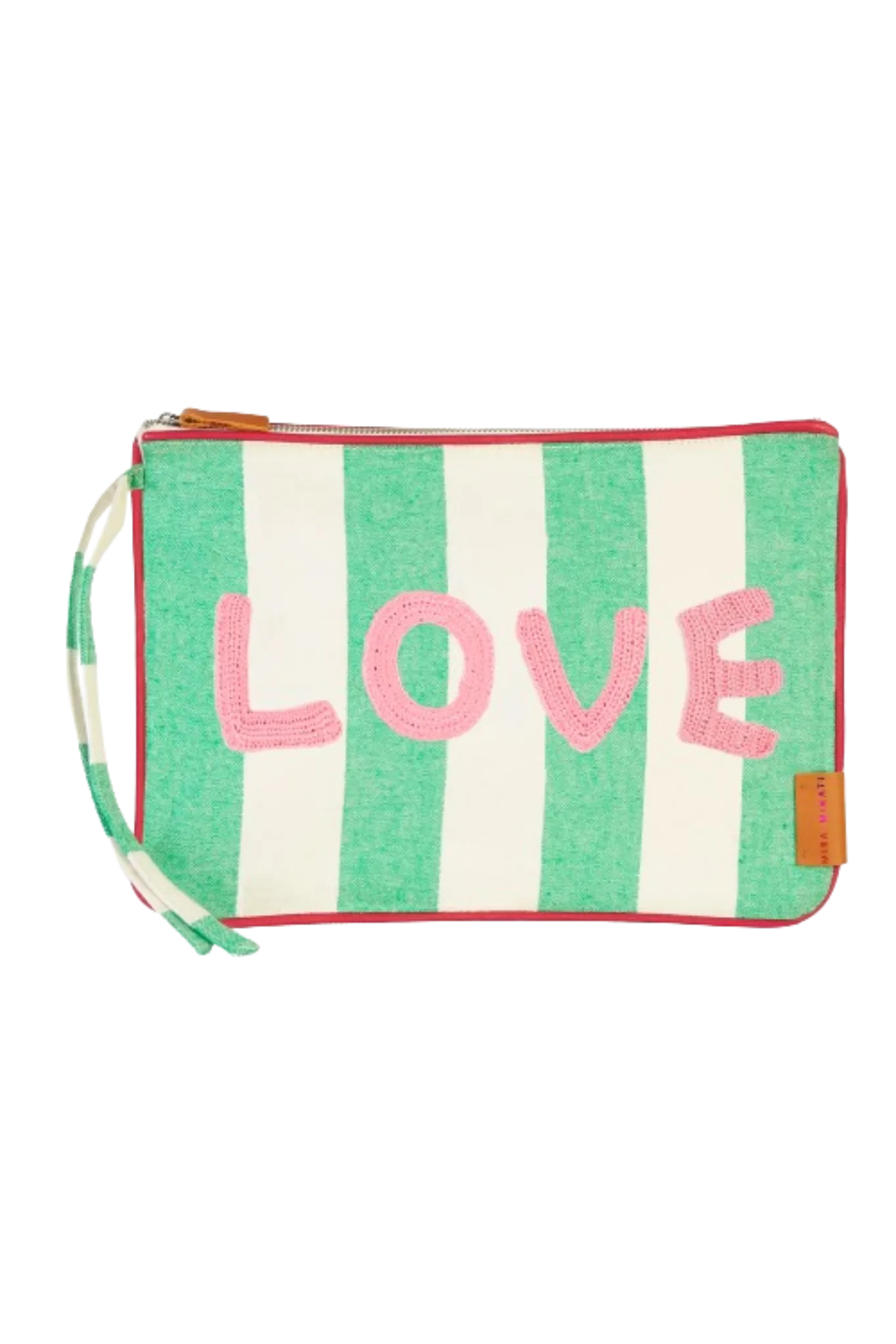 Green Stripe Pouch with Crochet Applique