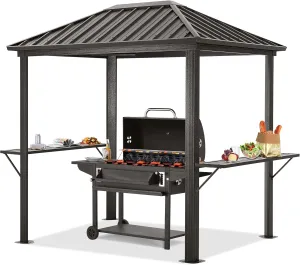 Grill Hardtop Gazebo 6X8 - Outdoor Metal Hard Top Gazebo, Permanent Galvanized Steel BBQ Gazebo Aluminum Framed Pavilion with Shelves for Patio Backyard Lawn Garden (Single Roof, Dark Brown)