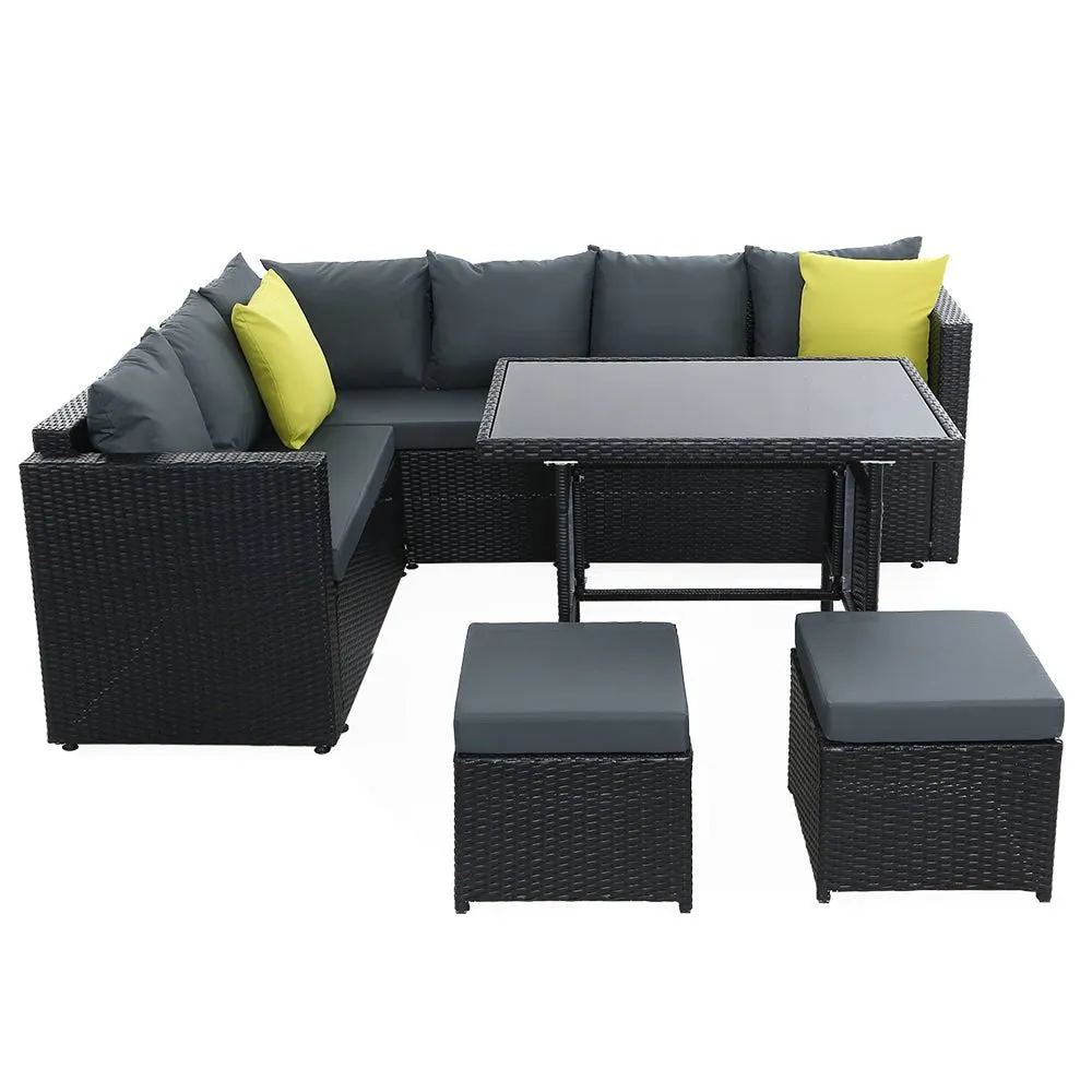 Hamilton 8 Seat Corner Outdoor Dining Setting - Black With Grey Cushions