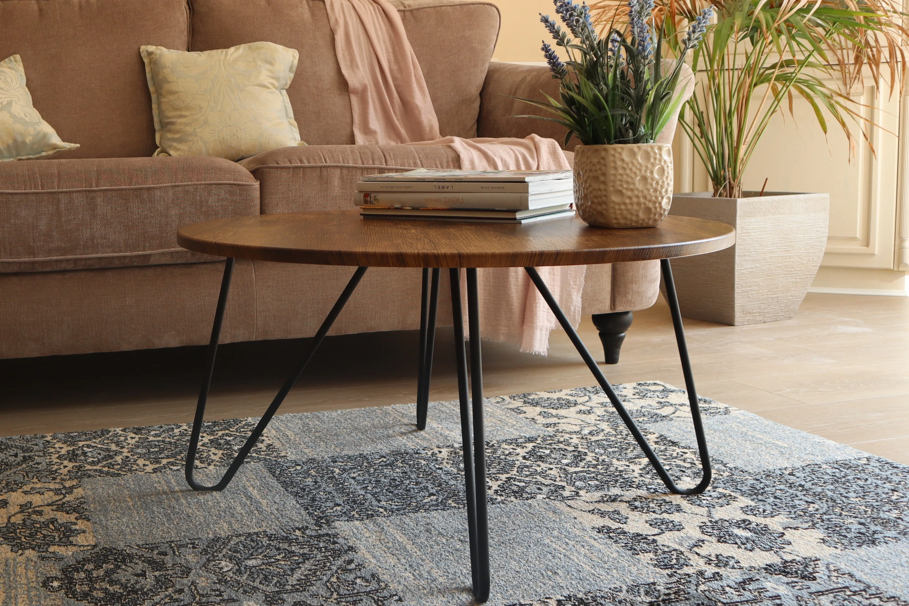 Happer Round Wooden Coffee Table With Hairpin Legs (Vintage/Black)