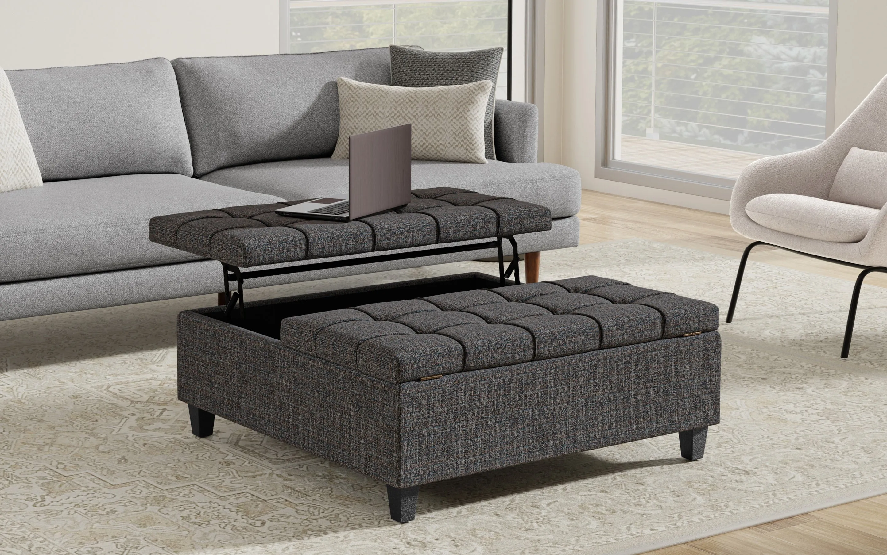 Harrison Large Square Coffee Table Storage Ottoman in Tweed Style Fabric