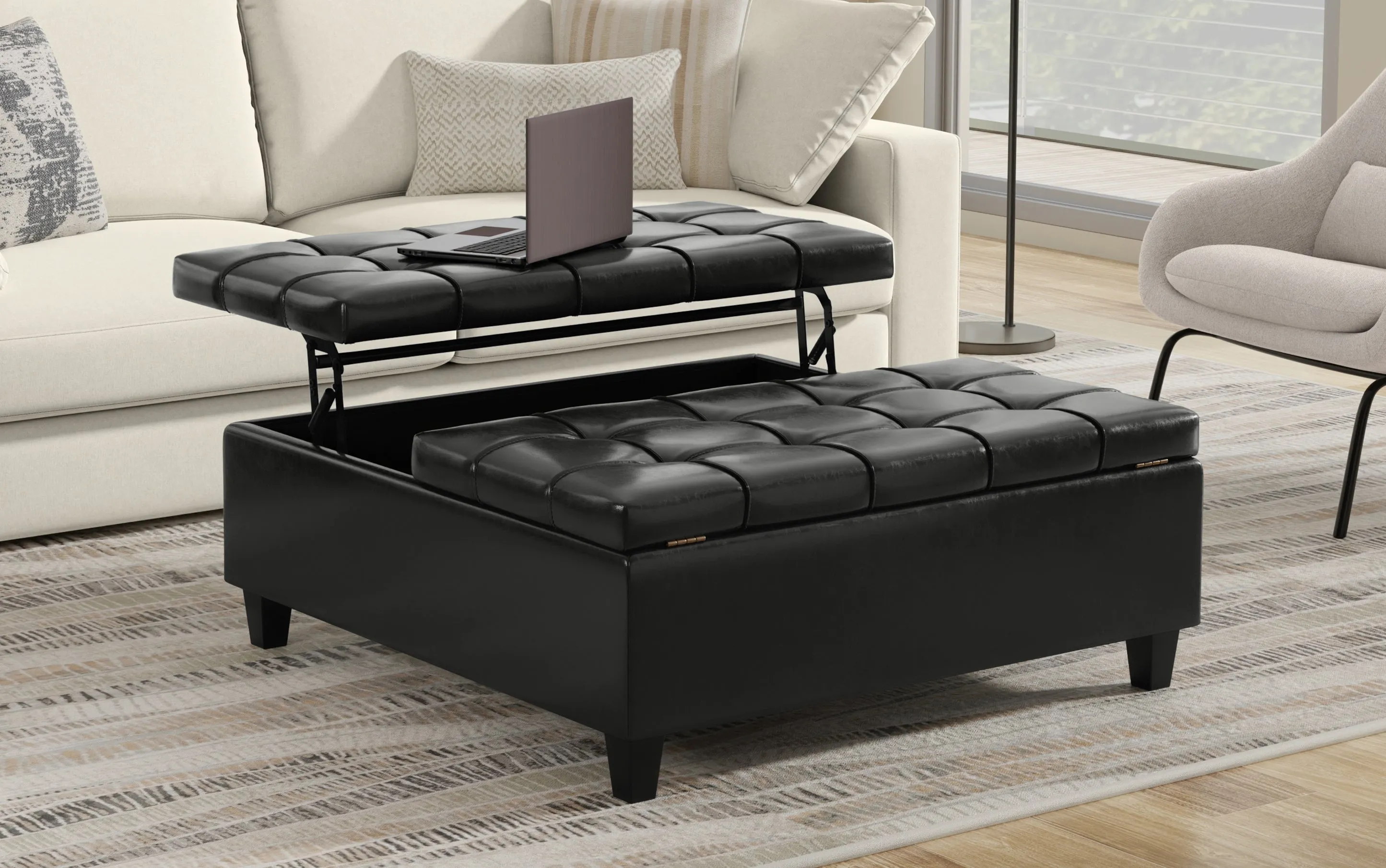 Harrison Large Square Coffee Table Storage Ottoman in Vegan Leather