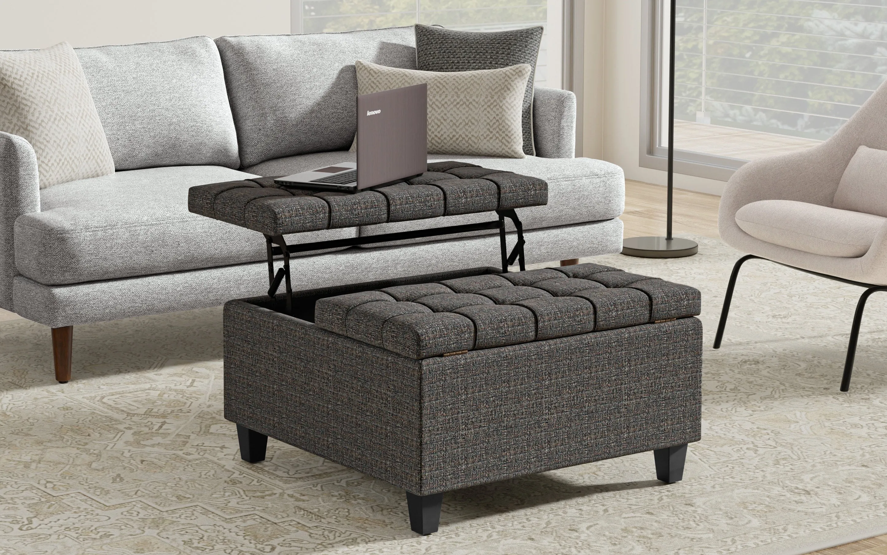 Harrison Small Square Coffee Table Storage Ottoman in Tweed Style Fabric