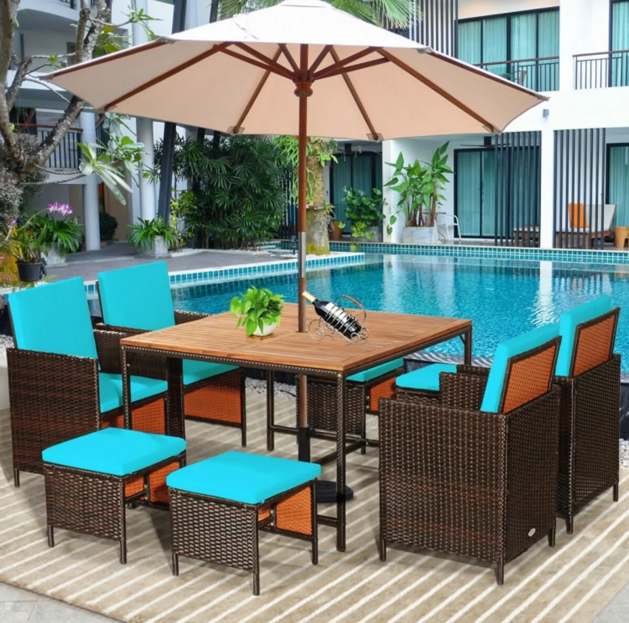 Heavy Duty Very Comfortable Modern 9-Piece Patio Rattan Dining Thick Cushioned Patio Furniture Set With Chairs, Dining Table, Ottomans, Acacia Wood