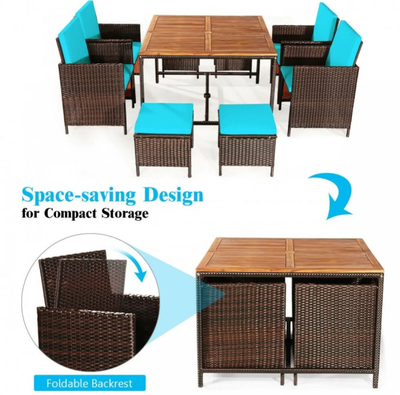 Heavy Duty Very Comfortable Modern 9-Piece Patio Rattan Dining Thick Cushioned Patio Furniture Set With Chairs, Dining Table, Ottomans, Acacia Wood