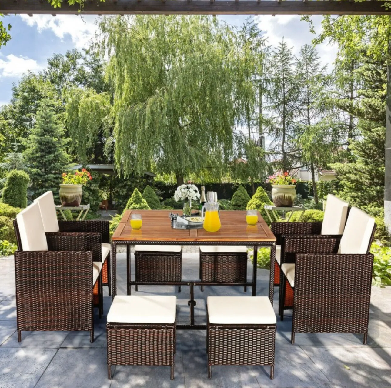 Heavy Duty Very Comfortable Modern 9-Piece Patio Rattan Dining Thick Cushioned Patio Furniture Set With Chairs, Dining Table, Ottomans, Acacia Wood