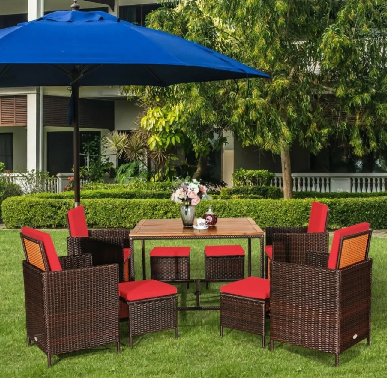 Heavy Duty Very Comfortable Modern 9-Piece Patio Rattan Dining Thick Cushioned Patio Furniture Set With Chairs, Dining Table, Ottomans, Acacia Wood