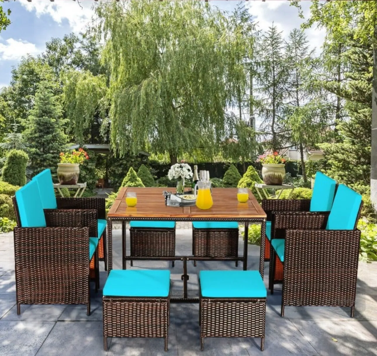 Heavy Duty Very Comfortable Modern 9-Piece Patio Rattan Dining Thick Cushioned Patio Furniture Set With Chairs, Dining Table, Ottomans, Acacia Wood