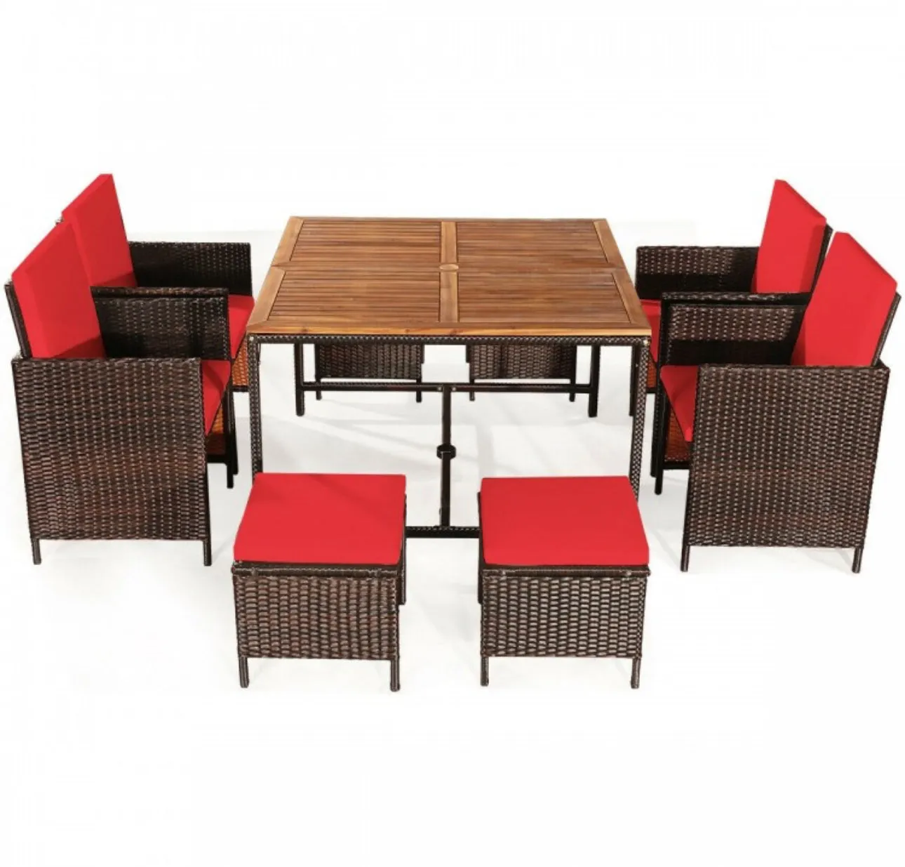 Heavy Duty Very Comfortable Modern 9-Piece Patio Rattan Dining Thick Cushioned Patio Furniture Set With Chairs, Dining Table, Ottomans, Acacia Wood