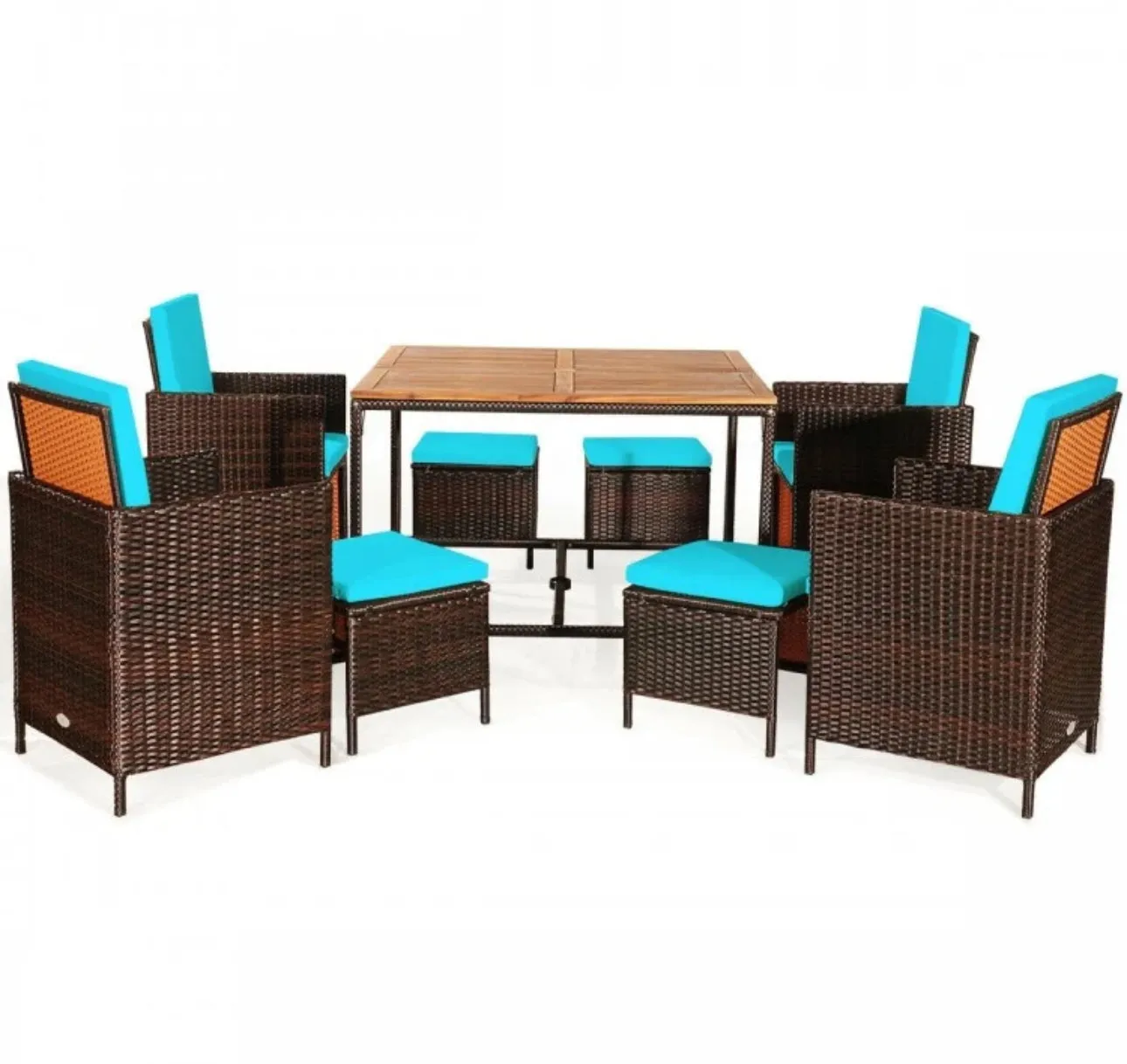 Heavy Duty Very Comfortable Modern 9-Piece Patio Rattan Dining Thick Cushioned Patio Furniture Set With Chairs, Dining Table, Ottomans, Acacia Wood