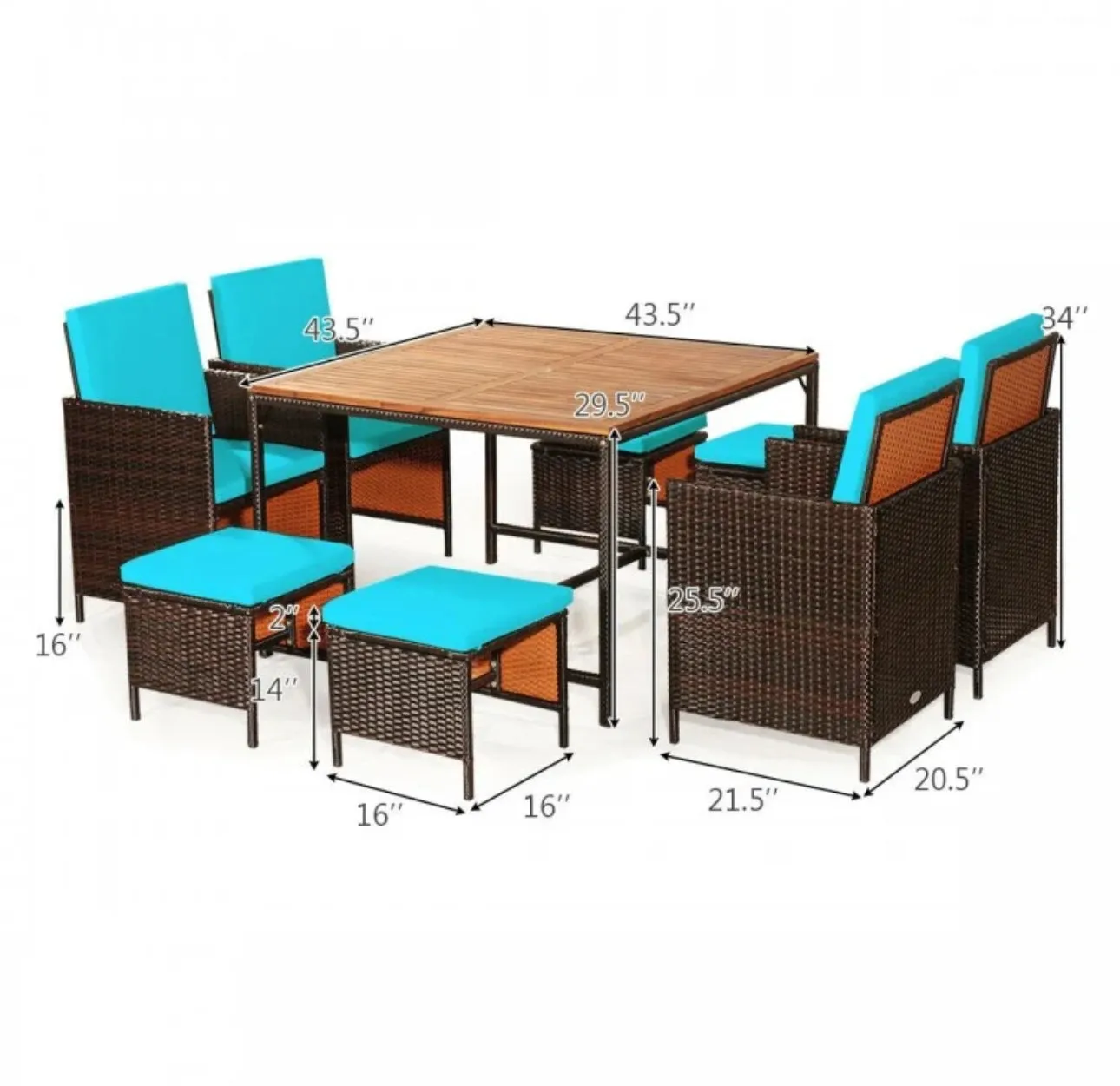 Heavy Duty Very Comfortable Modern 9-Piece Patio Rattan Dining Thick Cushioned Patio Furniture Set With Chairs, Dining Table, Ottomans, Acacia Wood