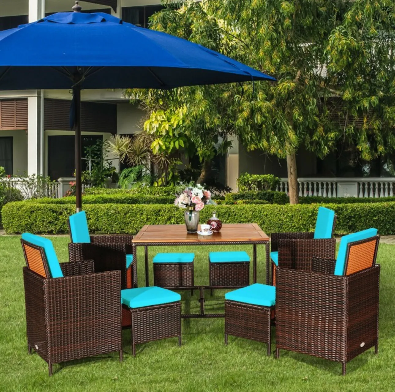 Heavy Duty Very Comfortable Modern 9-Piece Patio Rattan Dining Thick Cushioned Patio Furniture Set With Chairs, Dining Table, Ottomans, Acacia Wood