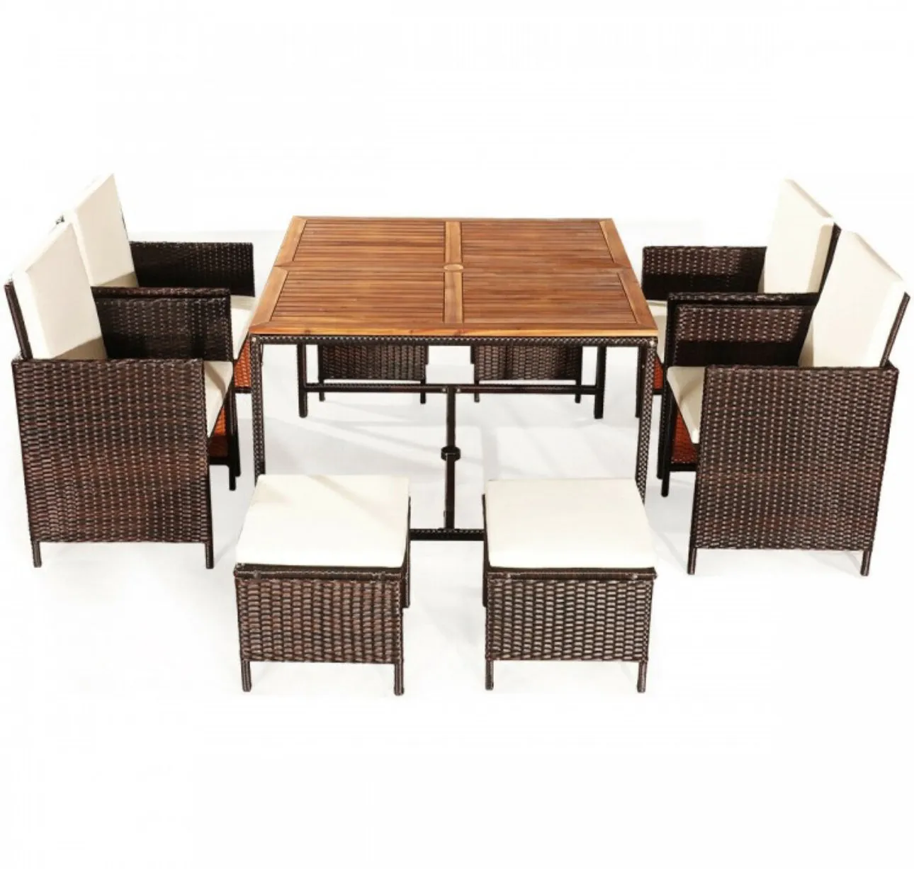 Heavy Duty Very Comfortable Modern 9-Piece Patio Rattan Dining Thick Cushioned Patio Furniture Set With Chairs, Dining Table, Ottomans, Acacia Wood