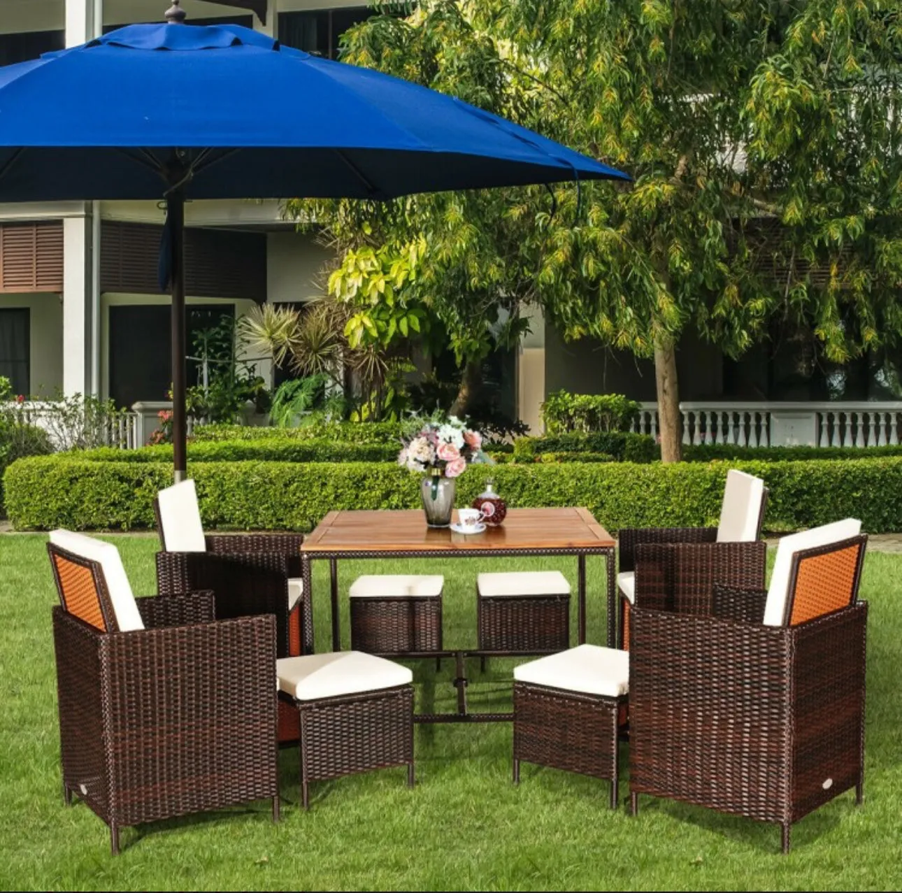 Heavy Duty Very Comfortable Modern 9-Piece Patio Rattan Dining Thick Cushioned Patio Furniture Set With Chairs, Dining Table, Ottomans, Acacia Wood