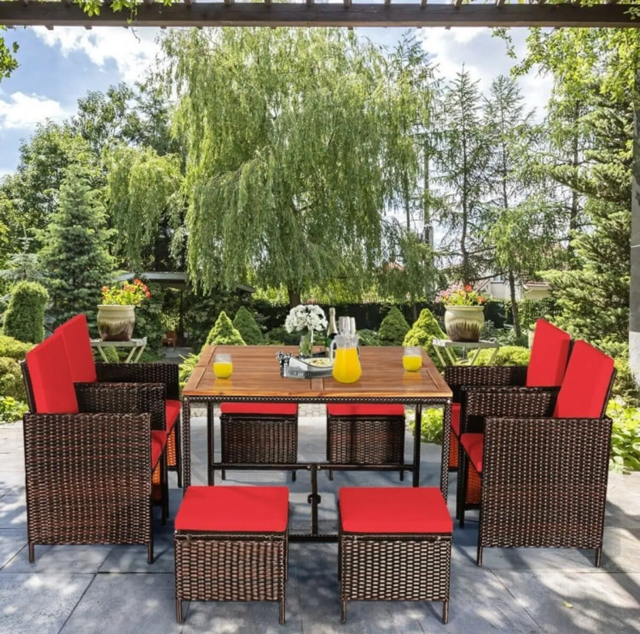 Heavy Duty Very Comfortable Modern 9-Piece Patio Rattan Dining Thick Cushioned Patio Furniture Set With Chairs, Dining Table, Ottomans, Acacia Wood