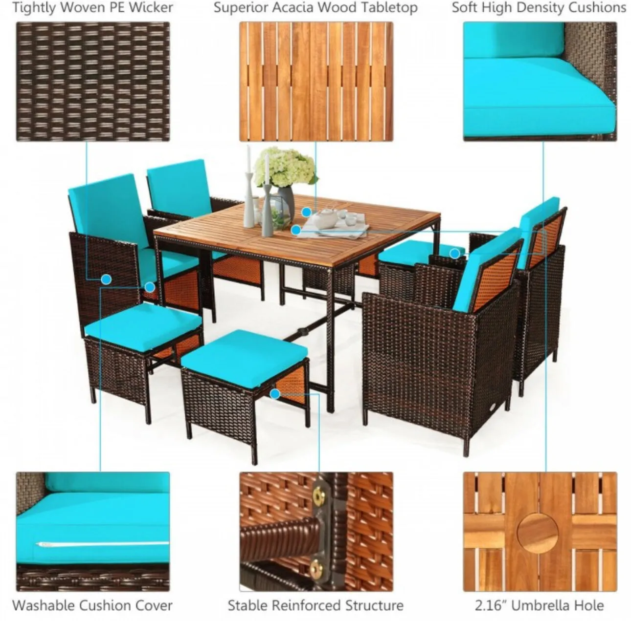 Heavy Duty Very Comfortable Modern 9-Piece Patio Rattan Dining Thick Cushioned Patio Furniture Set With Chairs, Dining Table, Ottomans, Acacia Wood