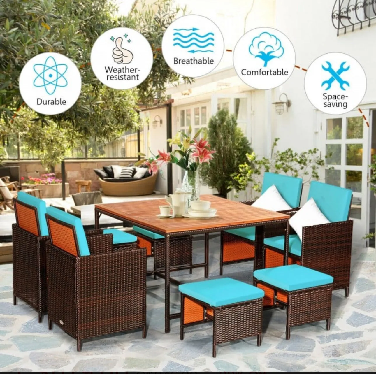 Heavy Duty Very Comfortable Modern 9-Piece Patio Rattan Dining Thick Cushioned Patio Furniture Set With Chairs, Dining Table, Ottomans, Acacia Wood