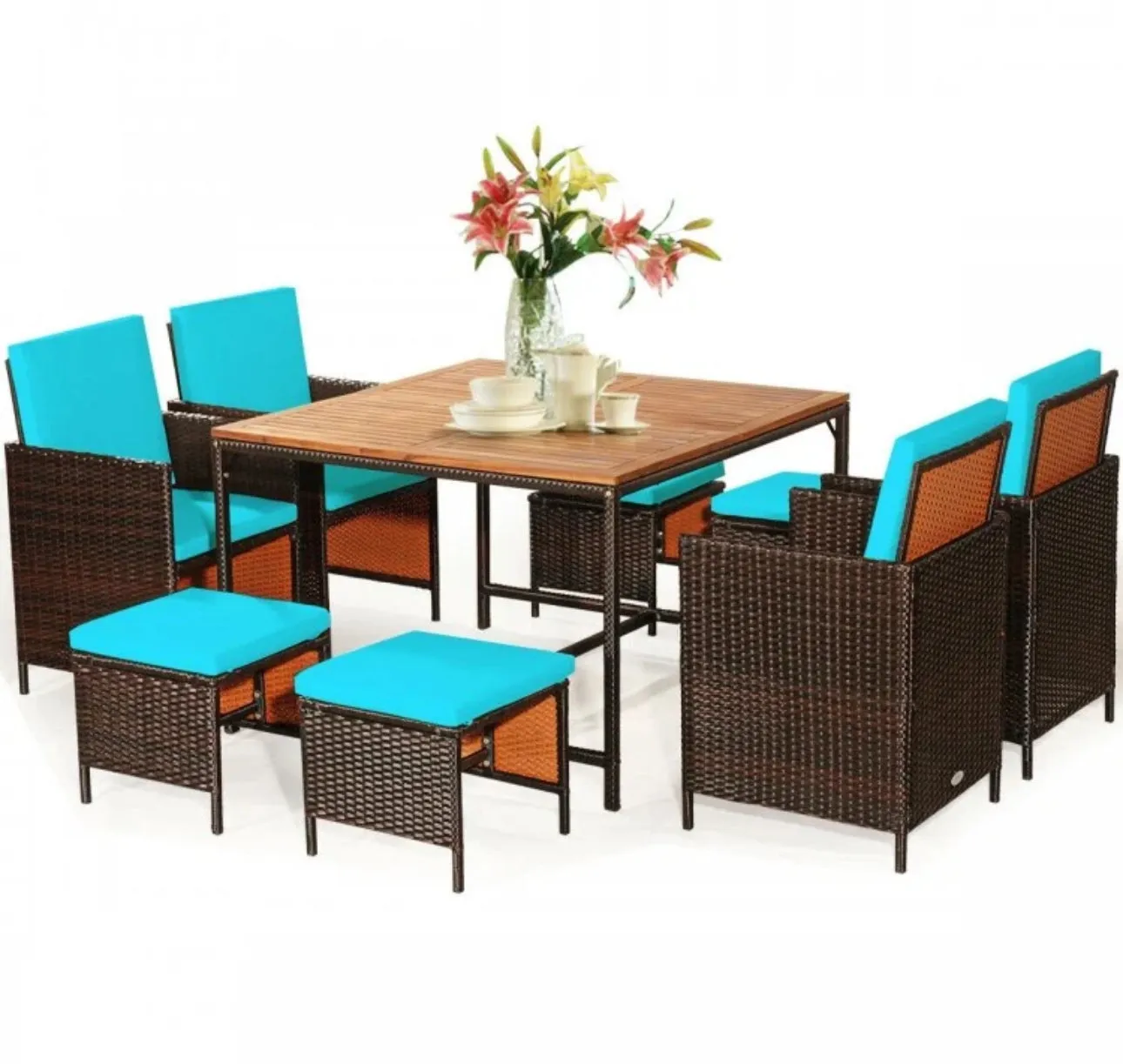 Heavy Duty Very Comfortable Modern 9-Piece Patio Rattan Dining Thick Cushioned Patio Furniture Set With Chairs, Dining Table, Ottomans, Acacia Wood