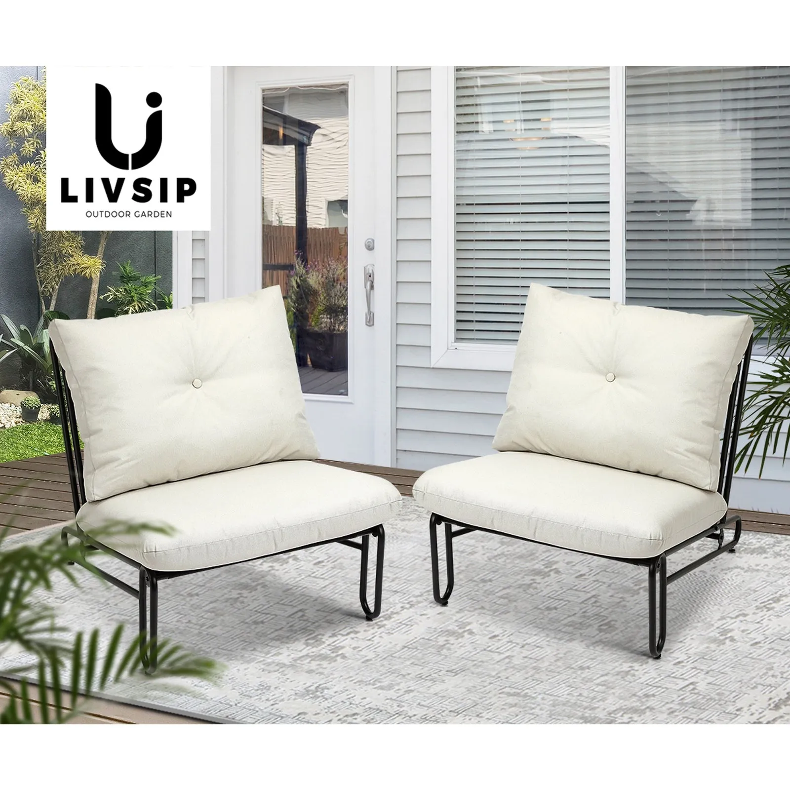 Livsip 2PC Outdoor Lounge Chairs Patio Furniture Garden Sofa with Cushions Beige