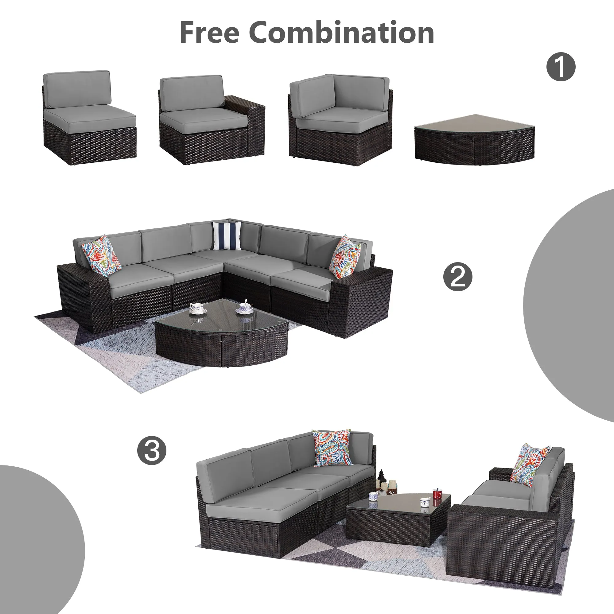 Outdoor Patio Furniture Sets, 6-Piece Furniture Patio Sectional Sofa Couch Patio Conversation Set, All-Weather Rattan Wicker Patio Sofa for Pool, Deck and Backyard, Grey