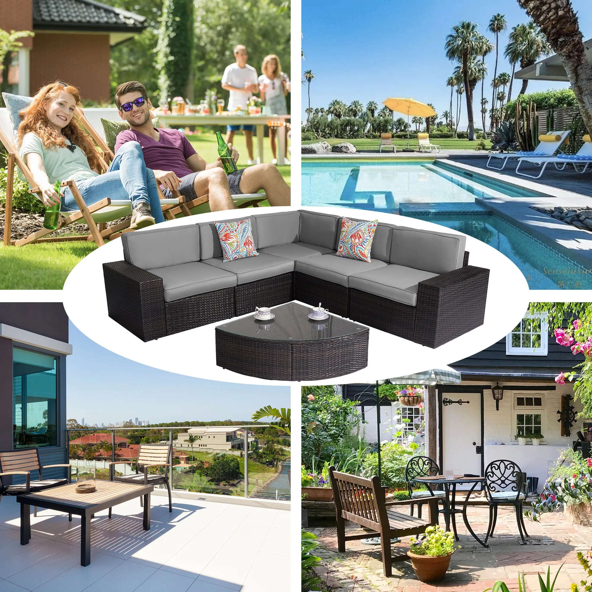 Outdoor Patio Furniture Sets, 6-Piece Furniture Patio Sectional Sofa Couch Patio Conversation Set, All-Weather Rattan Wicker Patio Sofa for Pool, Deck and Backyard, Grey