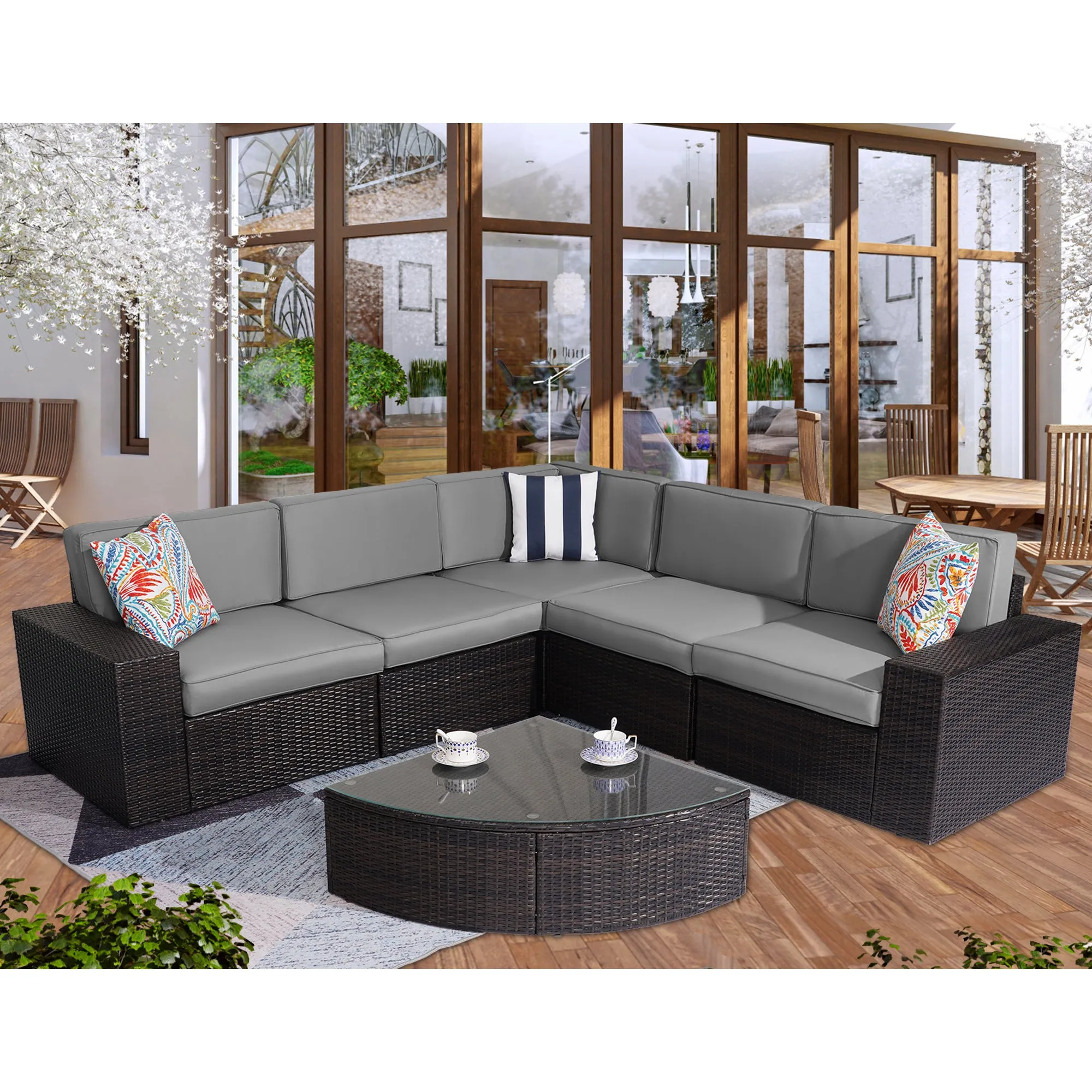 Outdoor Patio Furniture Sets, 6-Piece Furniture Patio Sectional Sofa Couch Patio Conversation Set, All-Weather Rattan Wicker Patio Sofa for Pool, Deck and Backyard, Grey