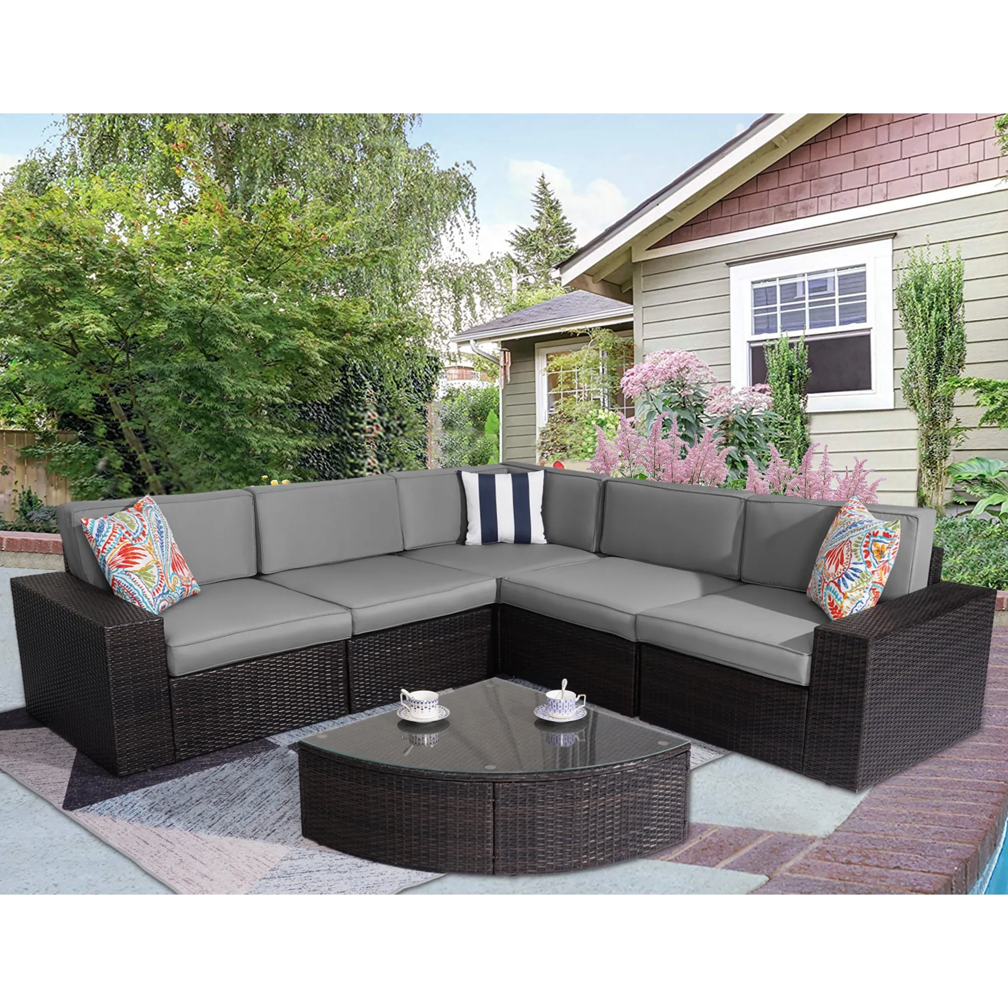 Outdoor Patio Furniture Sets, 6-Piece Furniture Patio Sectional Sofa Couch Patio Conversation Set, All-Weather Rattan Wicker Patio Sofa for Pool, Deck and Backyard, Grey