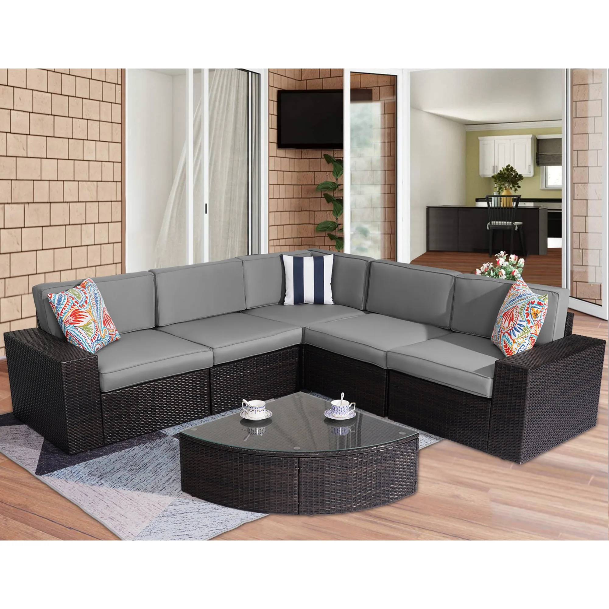 Outdoor Patio Furniture Sets, 6-Piece Furniture Patio Sectional Sofa Couch Patio Conversation Set, All-Weather Rattan Wicker Patio Sofa for Pool, Deck and Backyard, Grey