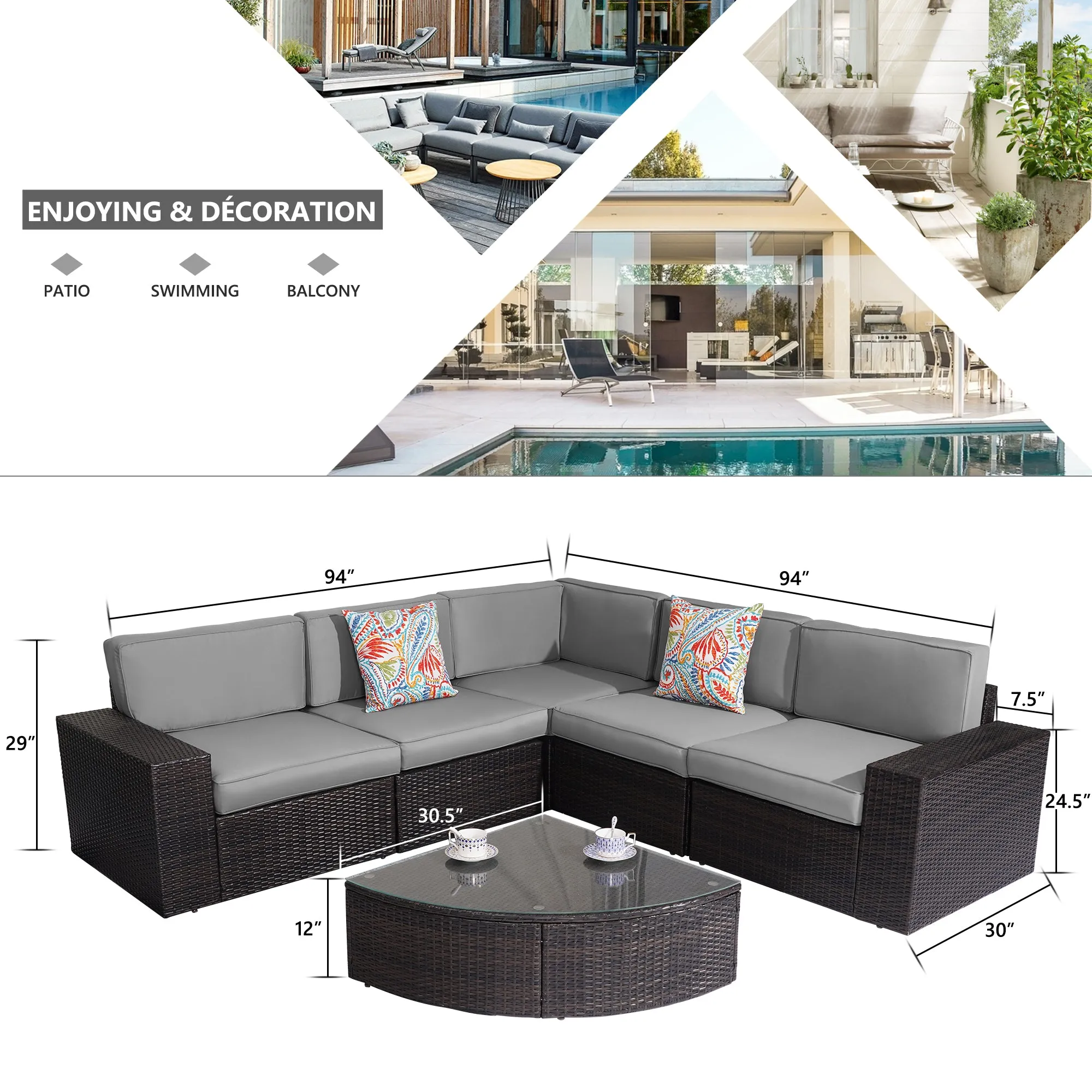 Outdoor Patio Furniture Sets, 6-Piece Furniture Patio Sectional Sofa Couch Patio Conversation Set, All-Weather Rattan Wicker Patio Sofa for Pool, Deck and Backyard, Grey