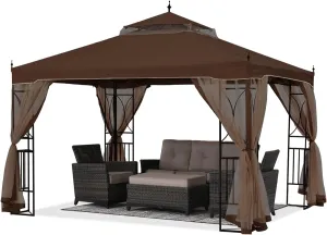 Patio Outdoor Gazebo 10X10 - Gazebo Canopy with Netting and Corner Frame Screen Wall for Backyard,Garden Gazebo Lawn (Brown)