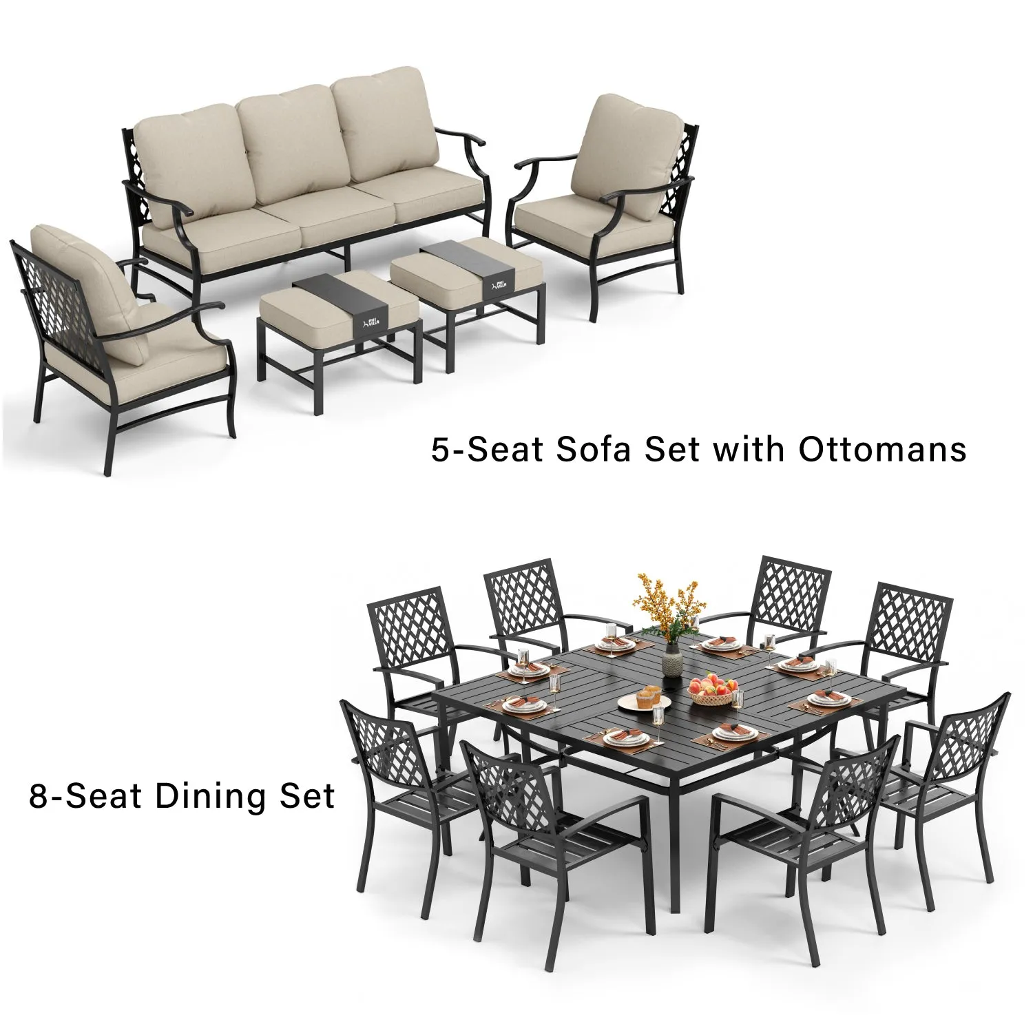 Phi Villa 14-Person  Outdoor Patio Furniture Combination Set with Sofa Set, and Steel Dining Set