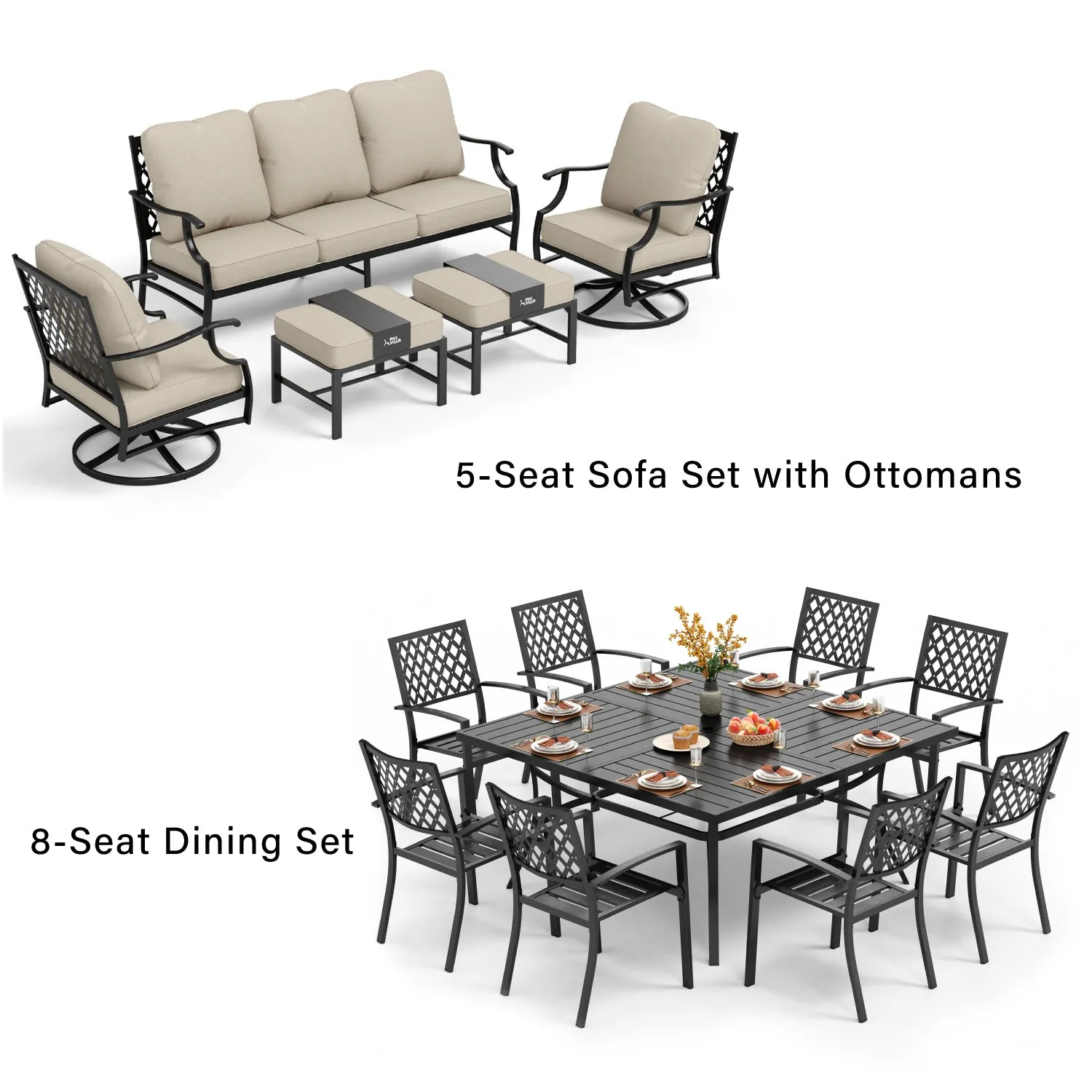 Phi Villa 14-Person  Outdoor Patio Furniture Combination Set with Sofa Set, and Steel Dining Set