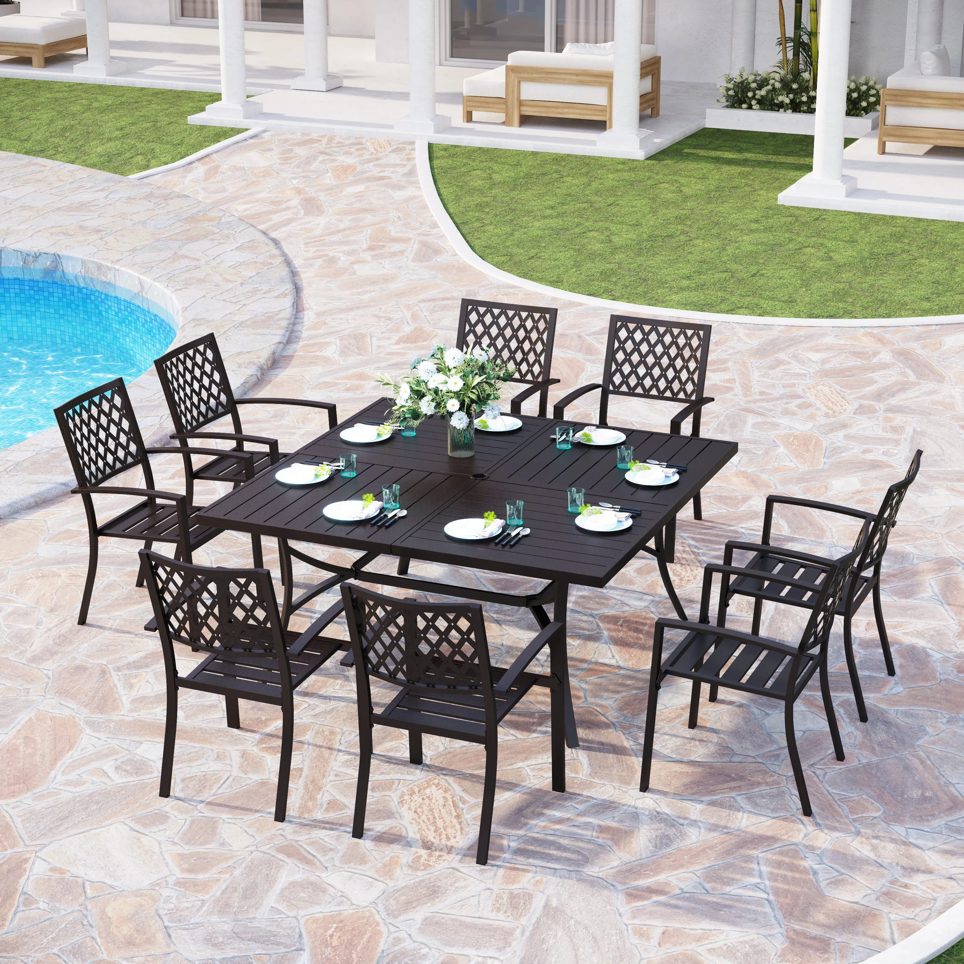 Phi Villa 14-Person  Outdoor Patio Furniture Combination Set with Sofa Set, and Steel Dining Set