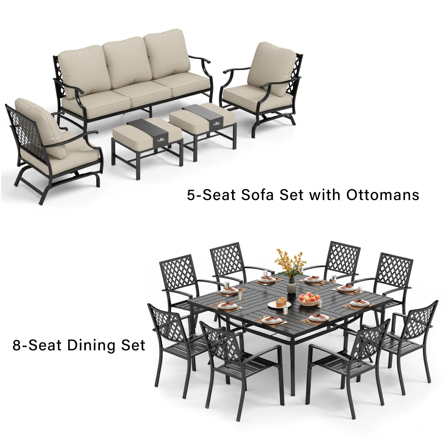 Phi Villa 14-Person  Outdoor Patio Furniture Combination Set with Sofa Set, and Steel Dining Set