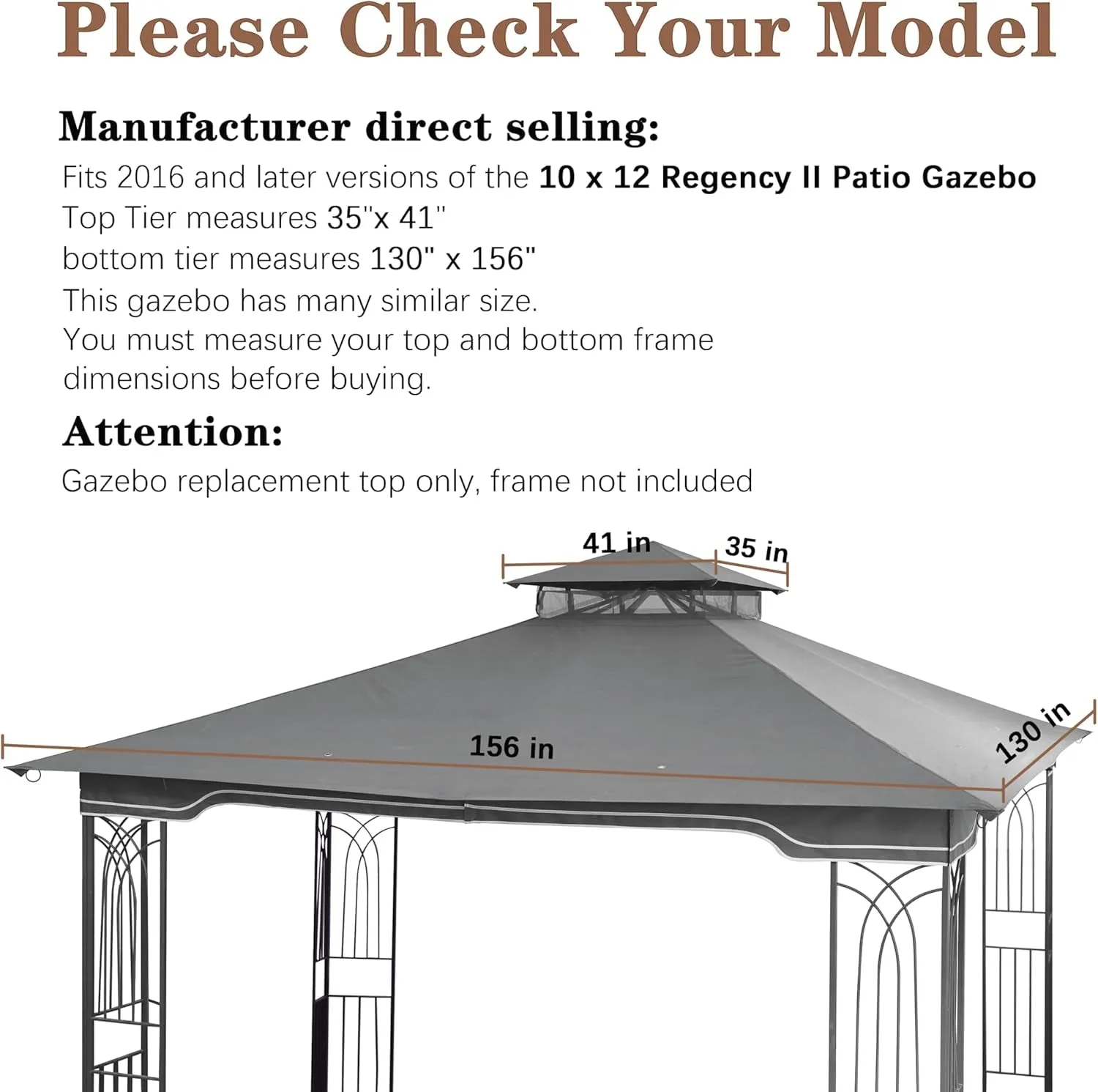 Replacement Gazebo Canopy for 10 X 12 Regency II Patio Gazebo Model L-Gz798Pst,A101004104,A101004105,(Grey)